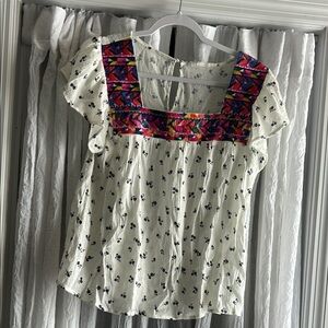 Mine White Flutter Sleeve Blouse with Ruffled Embellishments